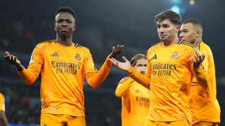 Brahim Diaz attacking midfield of Real Madrid and Spain celebrates after scoring his sides first goal during the UEFA Champions League 2024/25 League Knockout Play-off first leg match between Manchester City and Real Madrid C.F. at Manchester City Stadium on February 11, 2025.