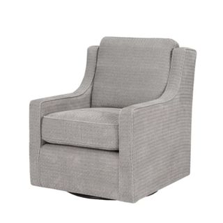 A gray armchair with cushioning and a swivel base