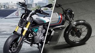 A parked BMW CE 02 and Maeving RM1S electric motorbike