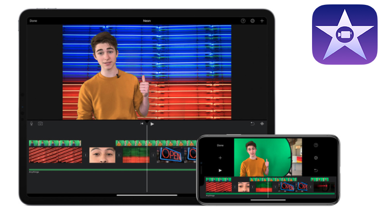 iMovie screenshot on an iPad and iMovie logo