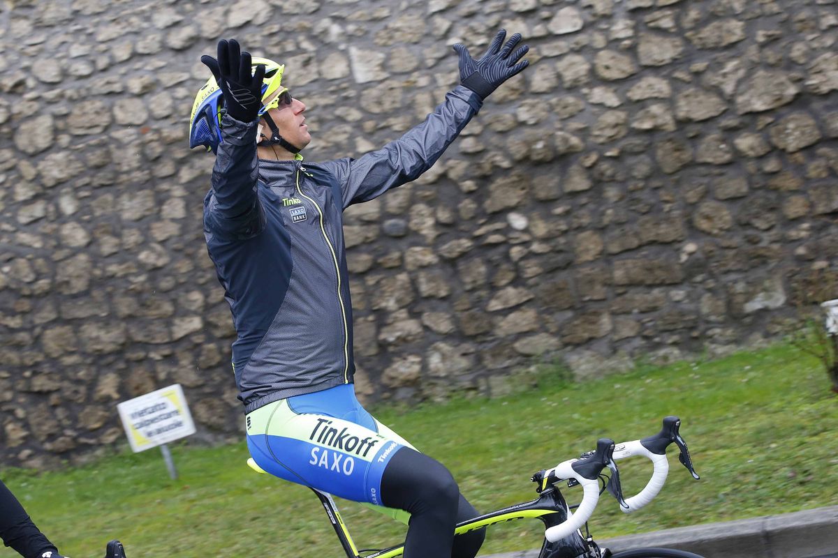 Roman Kreuziger checks for rain.