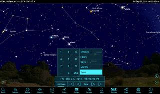 In SkySafari 6, tapping the time-units box (located directly below the label for day of the week) opens a key pad you can use to change the time-step interval from the default value of 1. A time step of 1,000 years will reveal the slow wanderings of the stars when you tap the single-step or continuous-flow arrows — forward or backward.
