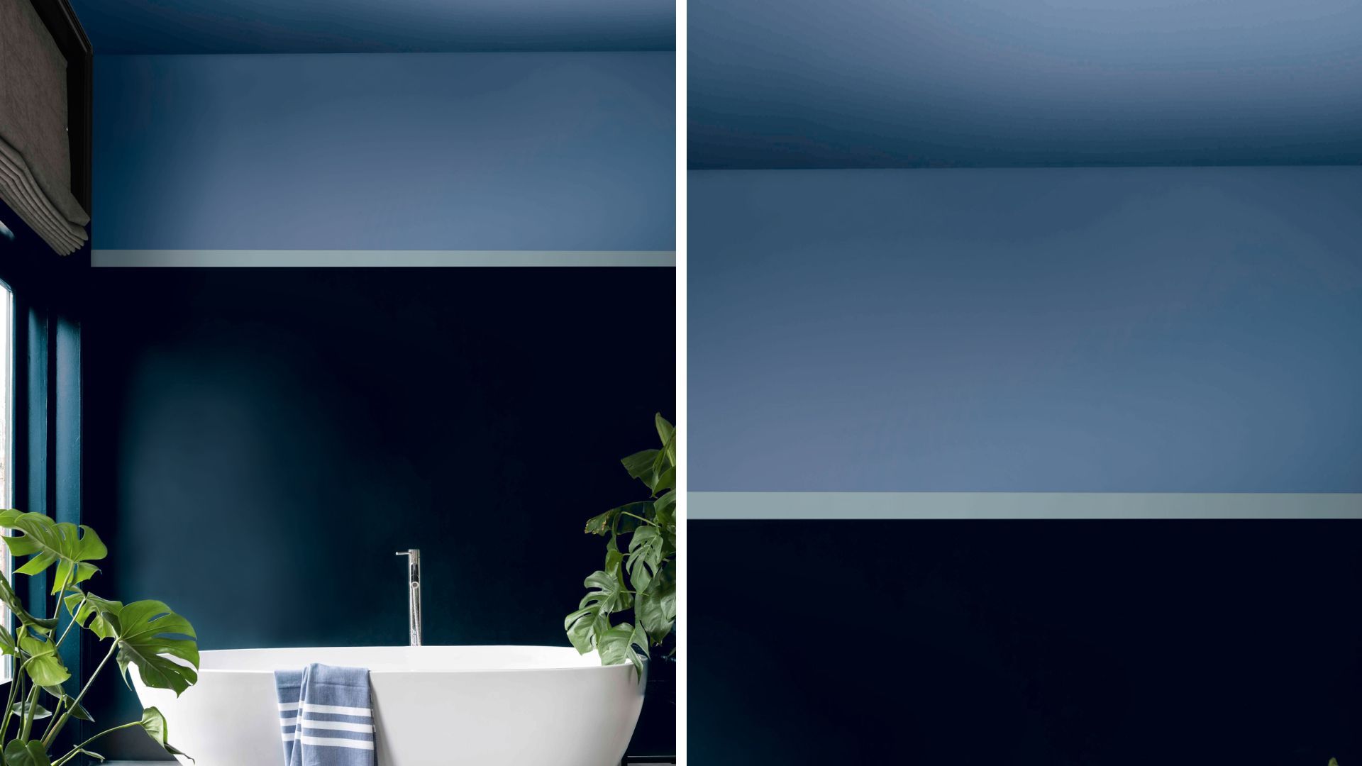 Navy blue abthroom with light blue painted above the picture rail to make the room look bigger