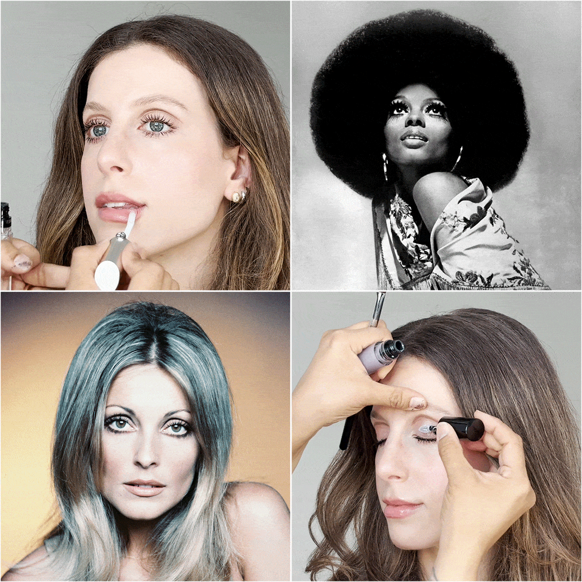 Quad image collage of Jamie Schneider getting her makeup done by Carolina Gonzalez and images of Diana Ross and Sharon Tate from the '70s.