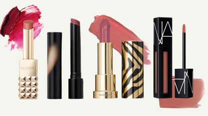 Lineup of the best long-lasting lipsticks (L-R) from Valentino, Victoria Beckham Beauty, Sisley Paris and NARS, on a neutral background with three lipstick swatches