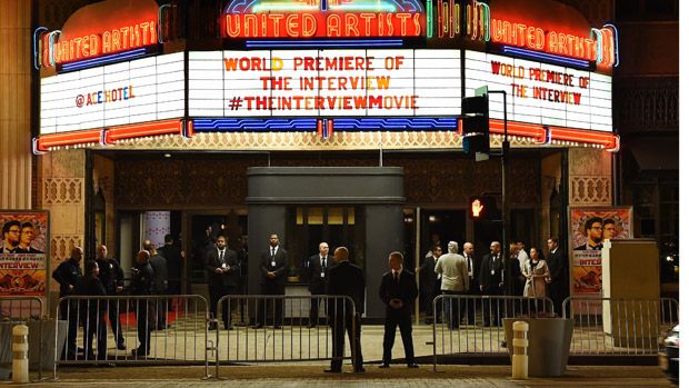 Security personnel outside The Theatre at Ace Hotel before the premiere of the film &amp;#039;The Interview&amp;#039; in Los Angeles