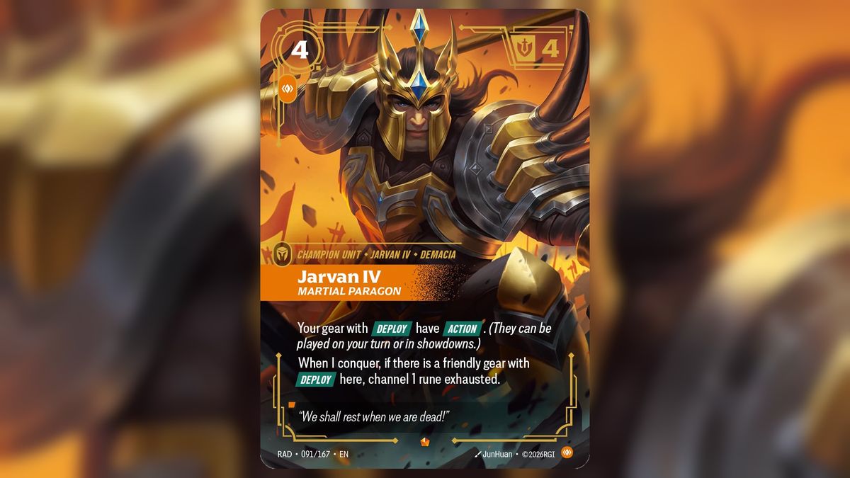 Riftbound: Radiance Jarvan IV card art for main with text of abilities
