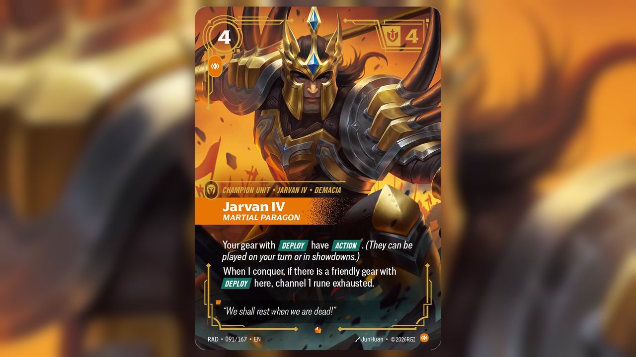 Riftbound: Radiance Jarvan IV card art for main with text of abilities