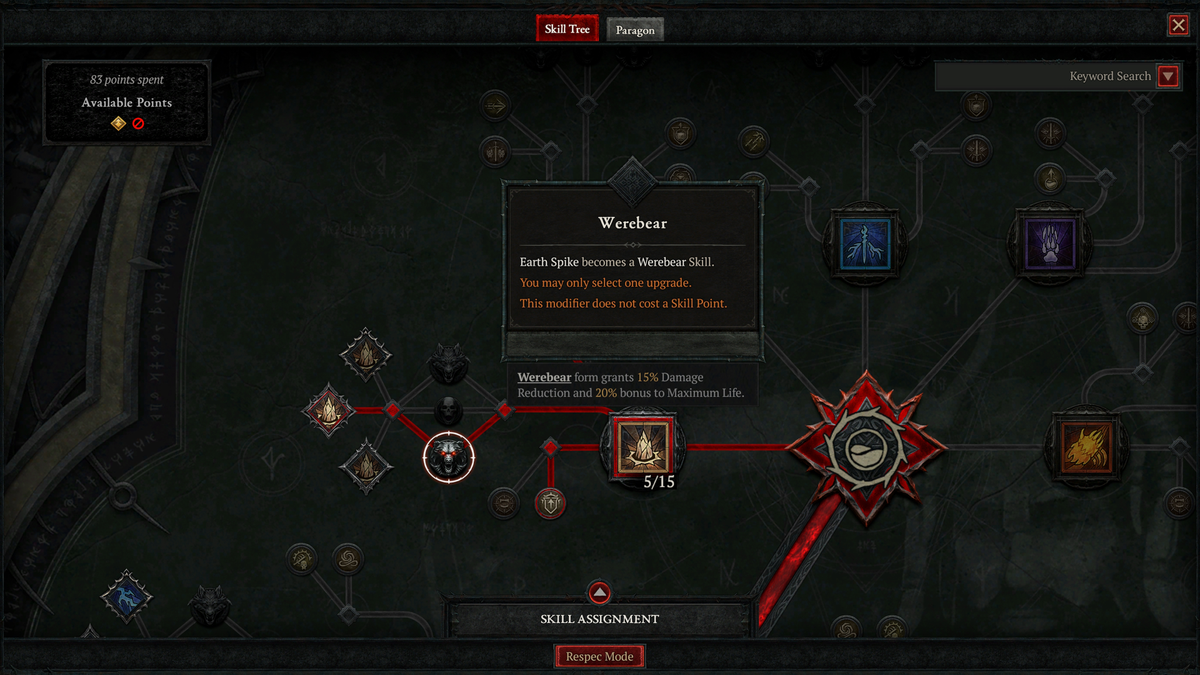 An example of the druid skill tree in Diablo 4: Lord of Hatred.