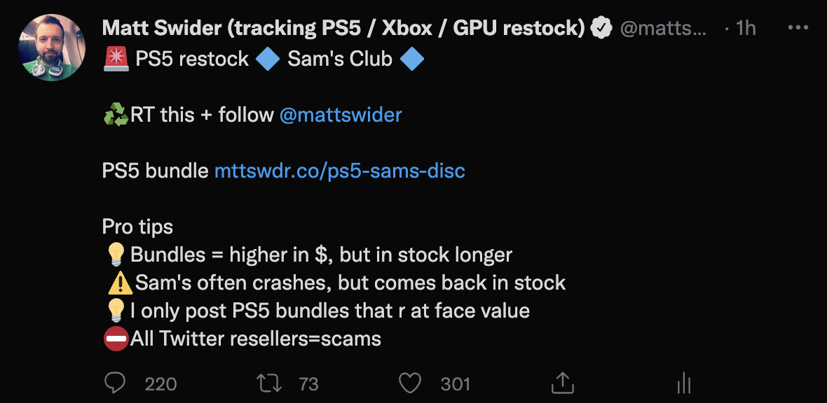 PS5 restock alert tweet from Matt Swider