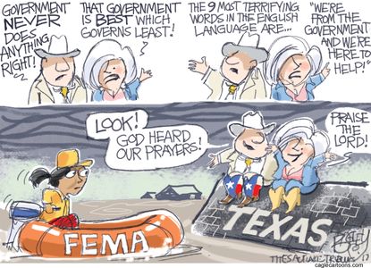 Political cartoon U.S. Harvey rescue Republicans small government FEMA
