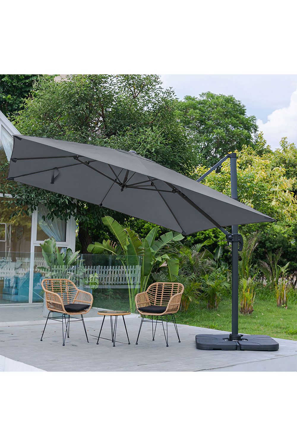 3m Large Square Canopy Rotatable Tilting Garden Rome Umbrella Cantilever Parasol With Square Fillable Base, Dark Grey