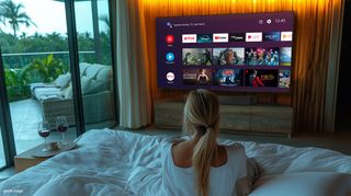 A blonde woman sitting on a cozy unmade bed facing a massive Philips TV with a slew of apps to choose from.