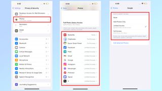 A series of screenshots showing how to access and change photo permissions in iOS