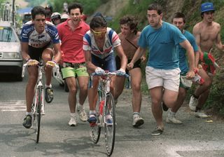 Miguel Indurain and Claudio Chiappucci on the Col d'Aspin during the 1991 Tour de France