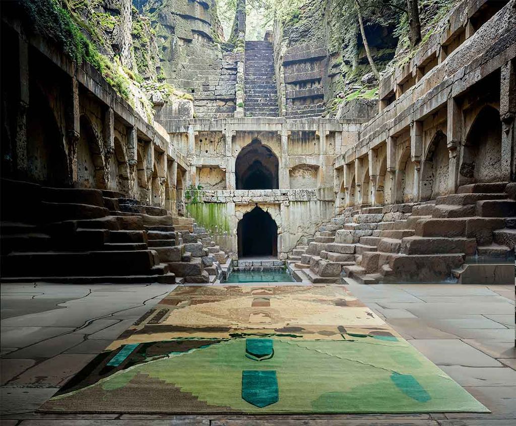 A textured rug inside a stepwell in India