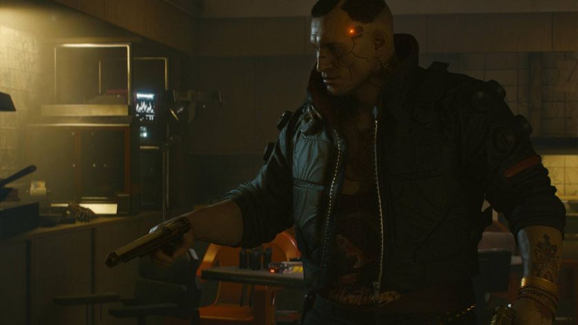 Jackie in Cyberpunk 2077 in an apartment with a pistol in his hands.