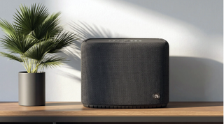Audio Pro's A15 W speaker on a wooden table, with a house-plant in the background