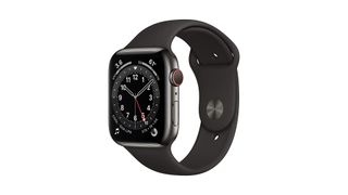 Image shows a black Apple Watch 6.