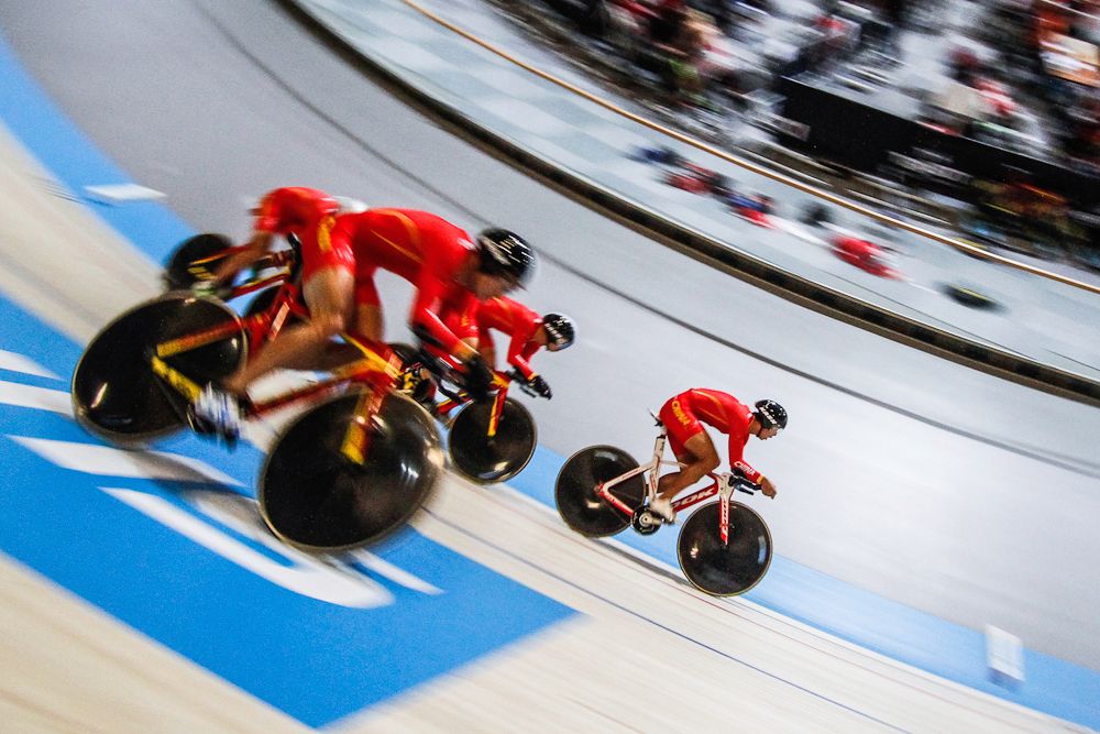 The Chinese team competes in the Men's Team Pursuit as part of the UCI Track World Cup at Omnisport Apeldoorn