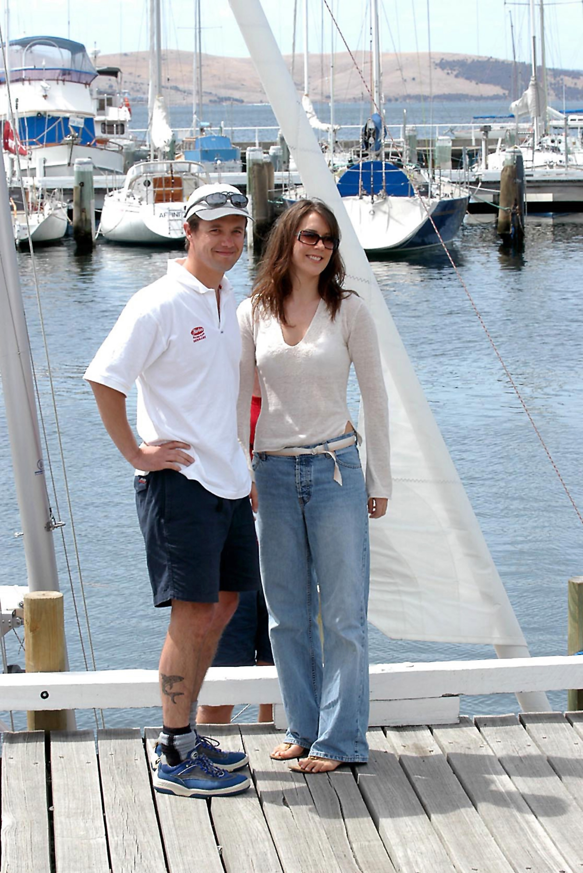 Prince Frederik of Denmark poses with his Australian girlfriend, Mary Donaldson, at the Tasmania Yacht Club ahead of the Dragon Boat World Championship on January 19, 2003