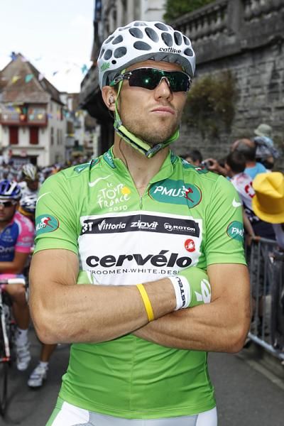 Thor Hushovd (Cervelo Test Team) in green before the start of the stage