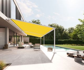 retractable awning pergola style, pool and garden furniture