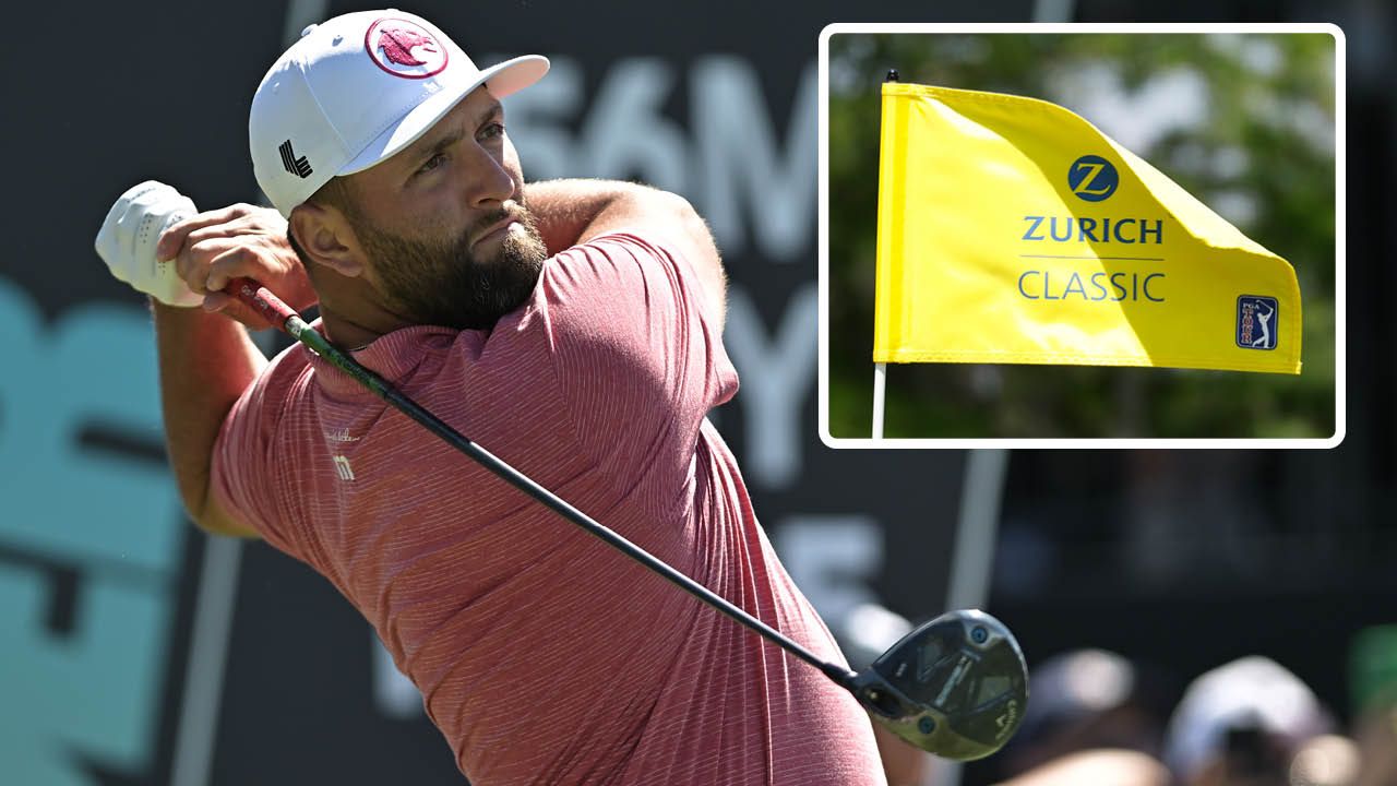 Jon Rahm in his Legion XIII clothing at LIV Golf Miami, with an inset image of the Zurich Classic of New Orleans flag