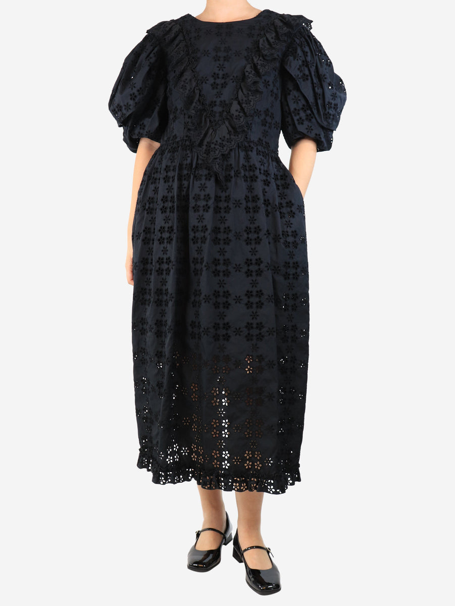 Black Broderie-Anglaise Midi Dress - Size Uk 12