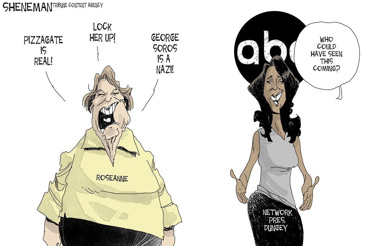 Editorial cartoon U.S. Roseanne racist tweets ABC George Soros Nazi conspiracy pizzagate