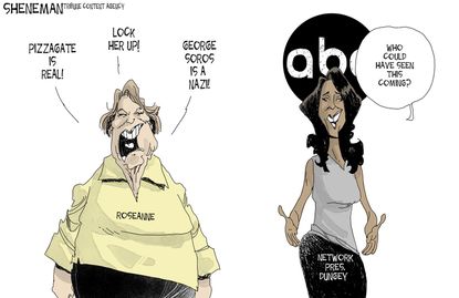 Editorial cartoon U.S. Roseanne racist tweets ABC George Soros Nazi conspiracy pizzagate