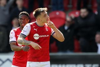 ordan Hugill of Rotherham United shushes the West Bromwich Albion Fans as he celebrates after scoring a goal to make it 2-1 during the Sky Bet Championship between Rotherham United and West Bromwich Albion at AESSEAL New York Stadium on April 7, 2023 in Rotherham, United Kingdom.