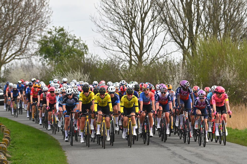 DE PANNE BELGIUM MARCH 21 Lieke Nooijen of The Netherlands Carlijn Achtereekte of The Netherlands and Team Visma Lease a Bike Lucinda Brand of The Netherlands and Team Lidl Trek Christina Schweinberger of Austria and Team FenixDeceuninck Karlijn Swinkels of The Netherlands and UAE Team ADQ Georgie Howe of Australia Teniel Campbell of Trinidad y Tobago and Team Liv AlUla Jayco and Nina Kessler of The Netherlands and Team EF EducationCannondale lead the peloton during the 7th Womens Classic BruggeDe Panne 2024 a 155km one day race from Brugge to De Panne on March 21 2024 in De Panne Belgium Photo by Luc ClaessenGetty Images