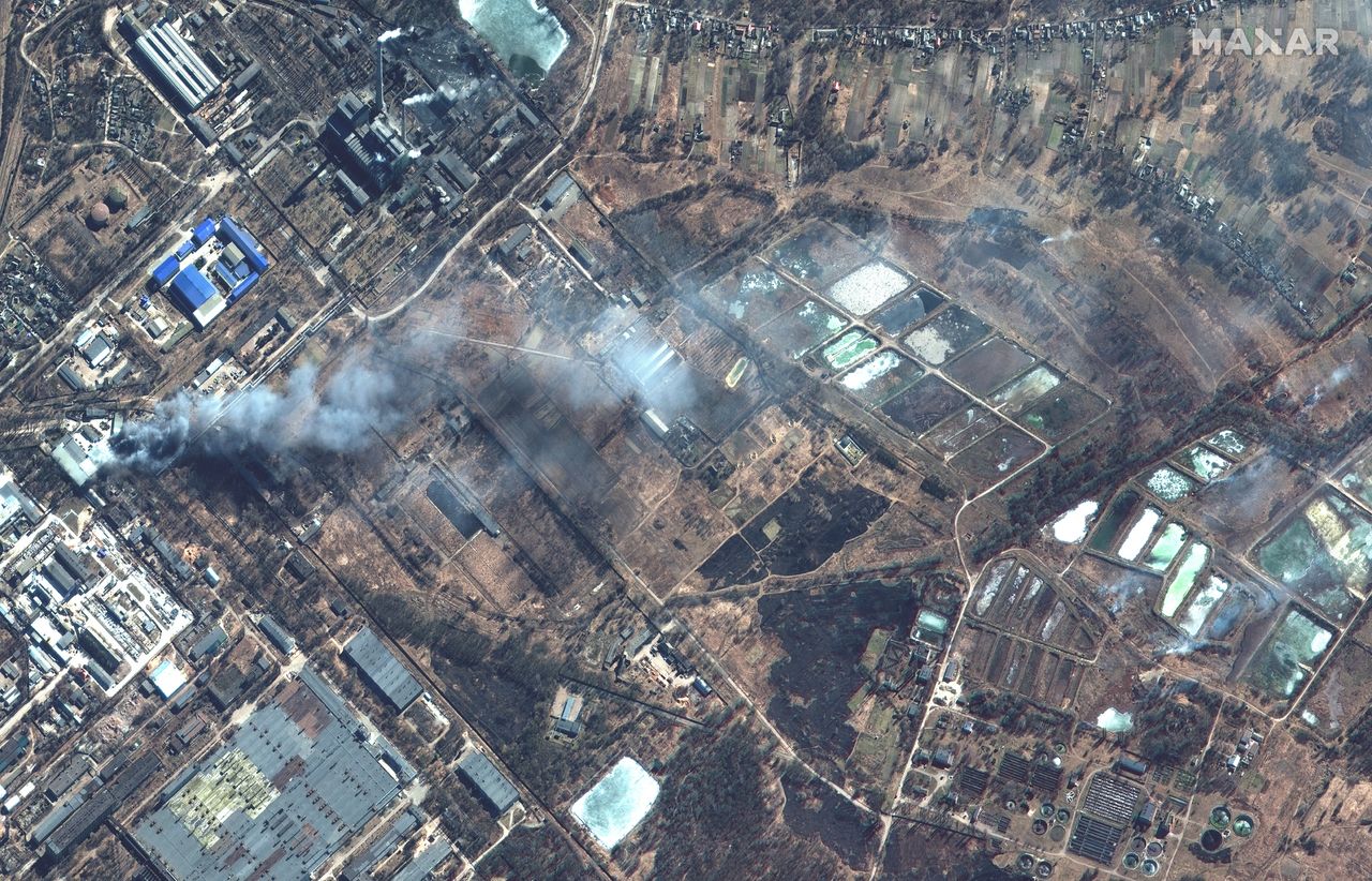 An overview of fires in an industrial area of southern Chernihiv, Ukraine amid fighting with Russian forces on March 10, 2022.