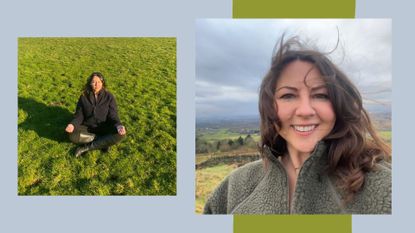 Susan Griffin doing walking yoga, sitting on grassy hill and looking down into camera smiling