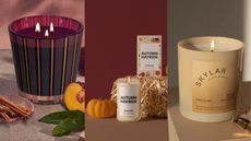 A three-panel image of fall candles. From left to right: a NEST Autumn Plum Votive Candle; Homesick Autumn Hayride candle; and a Skylar Vanilla Sky Scented Candle