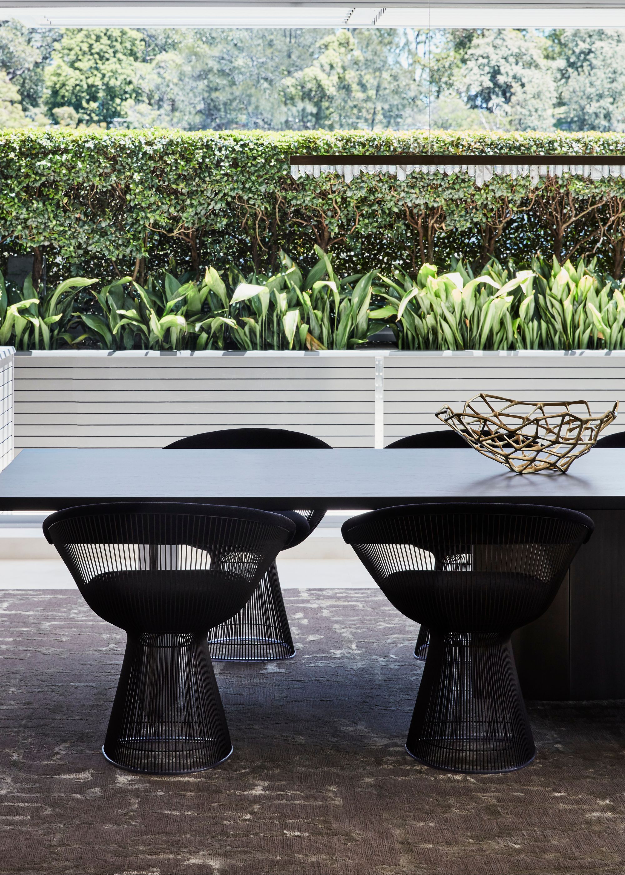 A backyard with a table and chairs as well as a hedge on the fence line