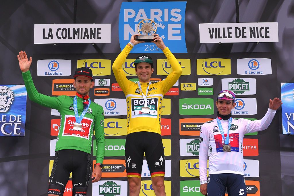 VALDEBLORE LA COLMIANE, FRANCE - MARCH 14: Podium / Tiesj Benoot of Belgium and Team Sunweb Green Sprint Jersey / Maximilian Schachmann of Germany and Team Bora - Hansgrohe Yellow Leader Jersey / Sergio Andres Higuita of Colombia and Team Ef Pro Cycling White Best Young Jersey / Celebration / Trophy / during the 78th Paris - Nice 2020 - Stage 7 a 166,5km stage from Nice to Valdeblore La Colmiane 1500m / Paris - Nice 2020 final stage as part of the fight against the spread of the Coronavirus / #ParisNice / @parisnicecourse / PN / on March 14, 2020 in Valdeblore La Colmiane, France. (Photo by Luc Claessen/Getty Images)