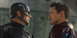 Captain America and Iron Man staring down each other in Captain America: Civil War