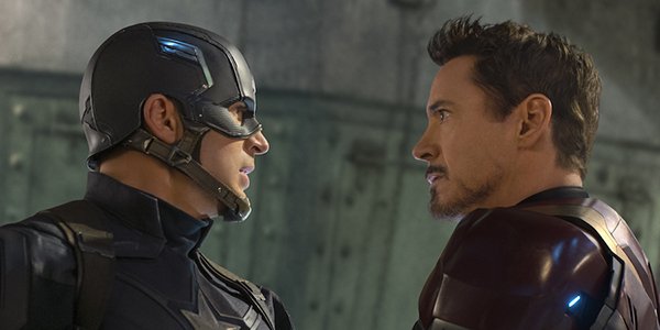 Captain America and Iron Man staring down each other in Captain America: Civil War