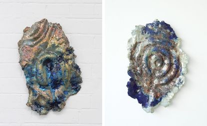 LEFT: The side view of a gorilla-shaped head made with shades of blue, green and brown ceramic, photographed against a white wall; RIGHT: The side view of a human-shaped head made with shades of white, blue and brown ceramic, photographed against a white wall