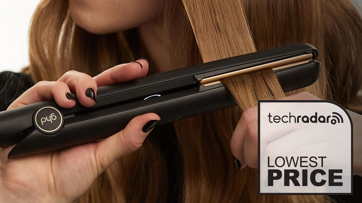 Woman straightening her hair with GHD Originals, with a Lowest Price graphic overlaid