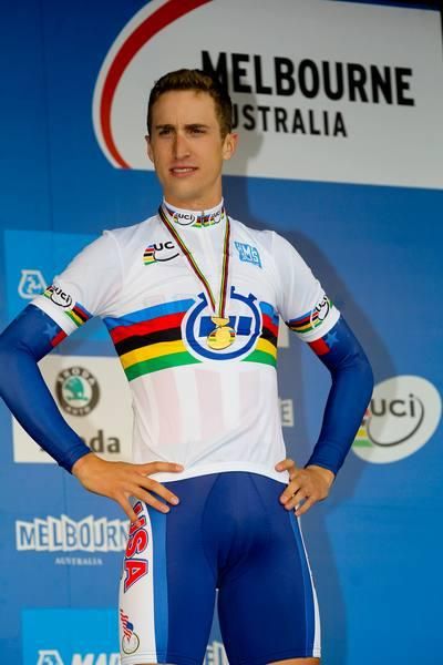 Taylor Phinney (USA) tries his best superman pose on the podium.