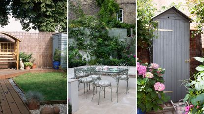 composite of three garden images with a lawn, patio and shed
