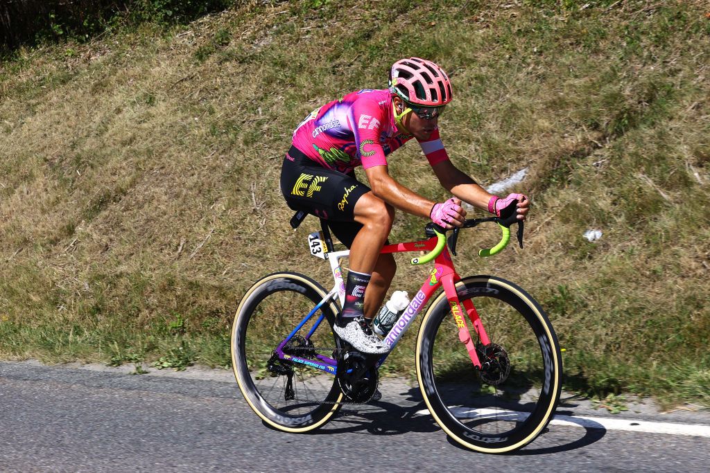 MEGEVE FRANCE JULY 12 Alberto Bettiol of Italy and Team EF Education Easypost attacks in the breakaway during the 109th Tour de France 2022 Stage 10 a 1481km stage from Morzine to Megve 1435m TDF2022 WorldTour on July 12 2022 in Megeve France Photo by Michael SteeleGetty Images