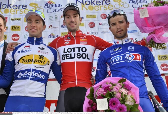 The podium with Kenny Dehaes (Lotto Belisol) centre