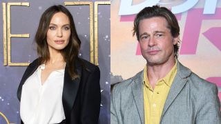 (left) Angelina Jolie at The Eternals UK Premiere and (right) Brad Pitt at the Bullet Train Stage greeting in Kyoto, Japan
