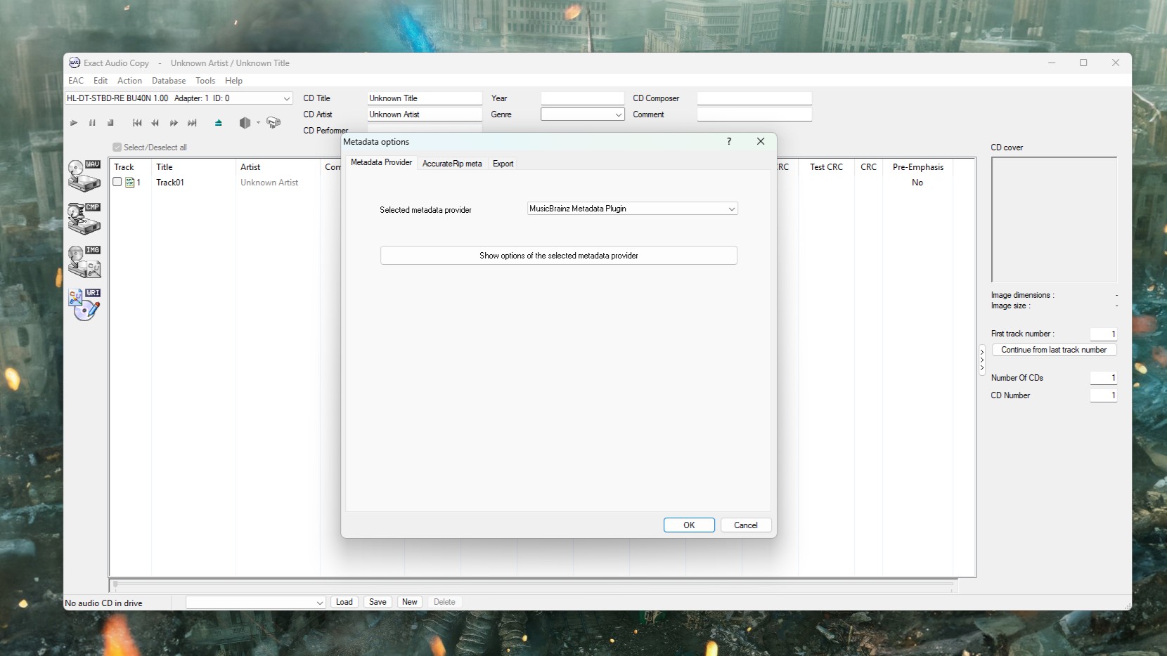 A screenshot of Exact Audio Copy on Windows 11 showing the Metadata Provider settings box.