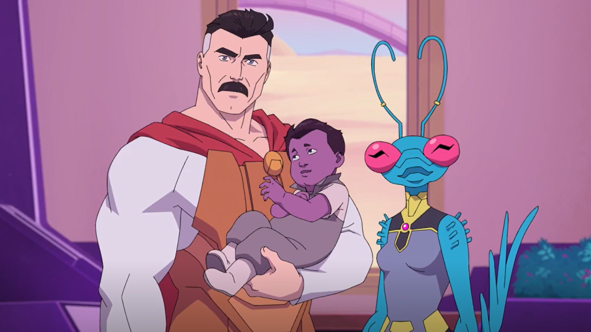 A screenshot of Nolan holding Oliver while Andressa stands next to him in Invincible season 2 episode 4