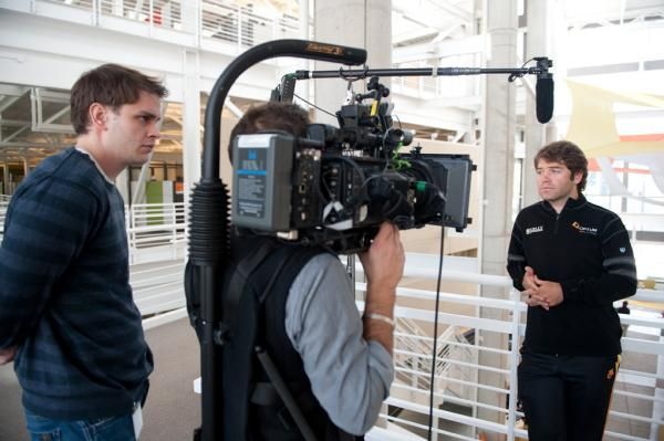 Mike Friedman does a video interview at the Optum headquarters building.